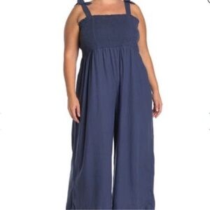 Susina Tie Strap Smocked Linen Blend Crop Jumpsuit in Navy Crown Sz XXL